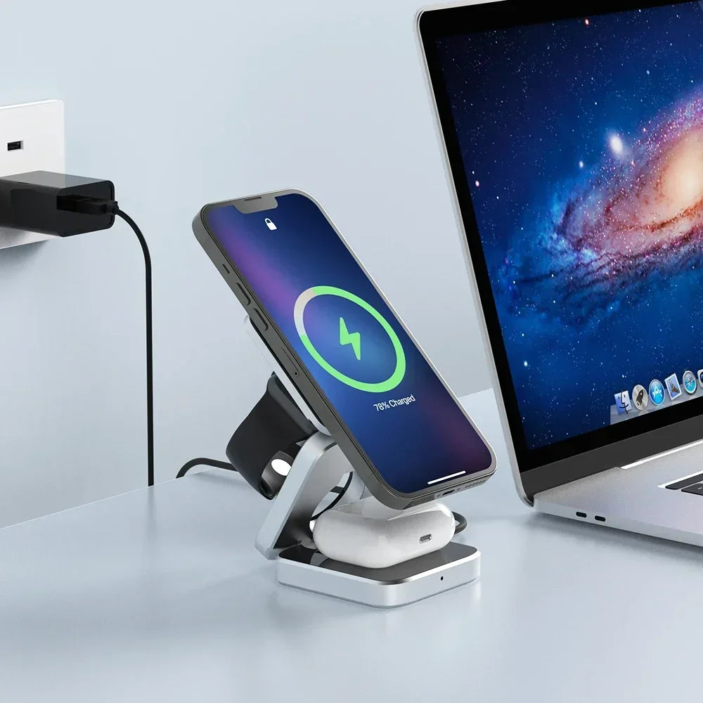Foldable 3 in 1 Magsafe Travel Wireless Charging Station for IPhone 15,14,13,12, AirPods 3/2,iWatch 9 8 7 for Samsung Galaxy S23